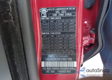 2012 Land Rover Range Rover Evoque Pure Plus z USA, uszkodzony, nr VIN SALVV2BG9CH667189